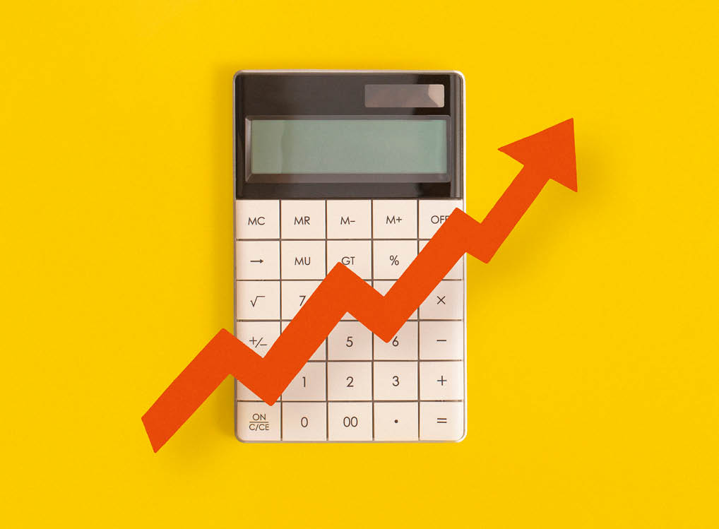 Calculator, graphs, arrow on yellow background. Financial development, Banking Account, Statistics