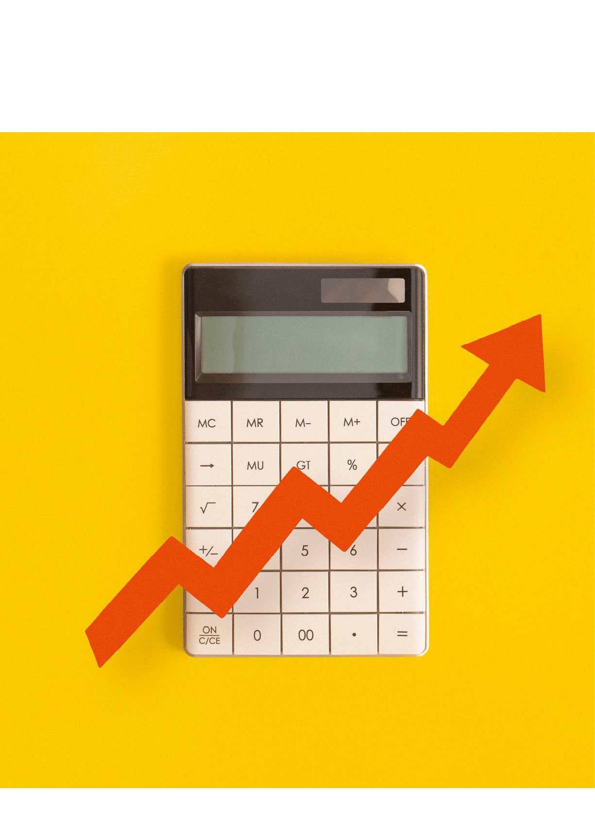Calculator, graphs, arrow on yellow background. Financial development, Banking Account, Statistics
