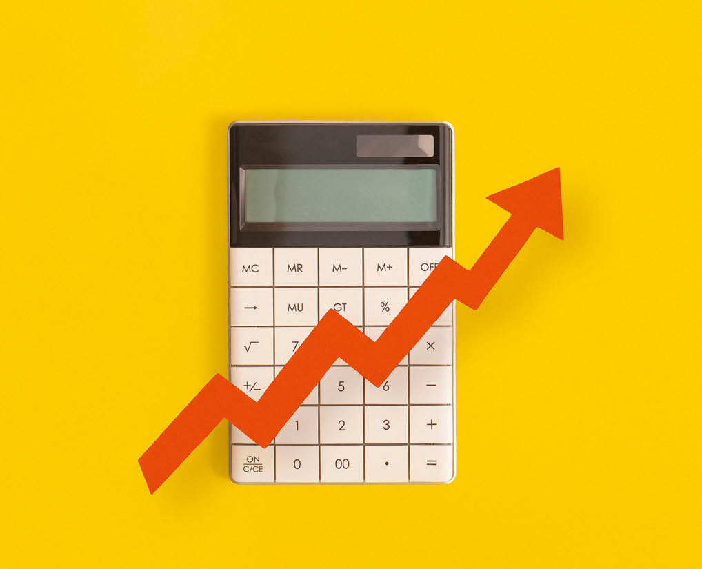 Calculator, graphs, arrow on yellow background. Financial development, Banking Account, Statistics