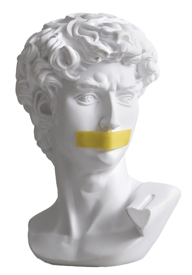 Michelangelo's David head bust in duct tape sealed mouth. Minimal concept on gray background censorship of freedom of speech and restrictions of thought and word. Fight for your rights.
