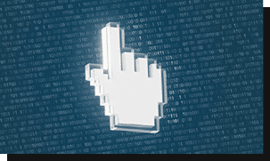 Cursor em formato de m o pixelada branca sobre fundo azul com c digo bin rio em branco. Yapay zeka taraf ndan olu turulan a  klama