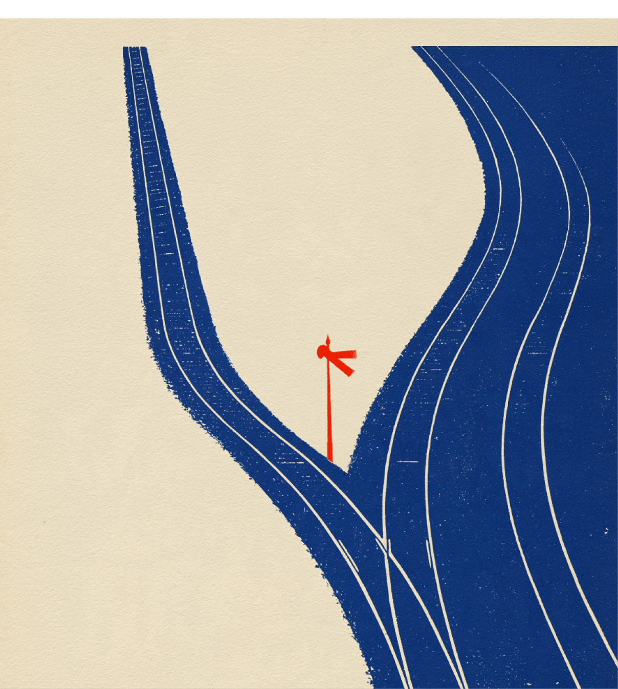 Estrada azul dividida em duas dire es com uma placa de sinaliza  o vermelha no centro, em estilo gr fico minimalista.  Yapay zeka taraf ndan olu turulan a  klama