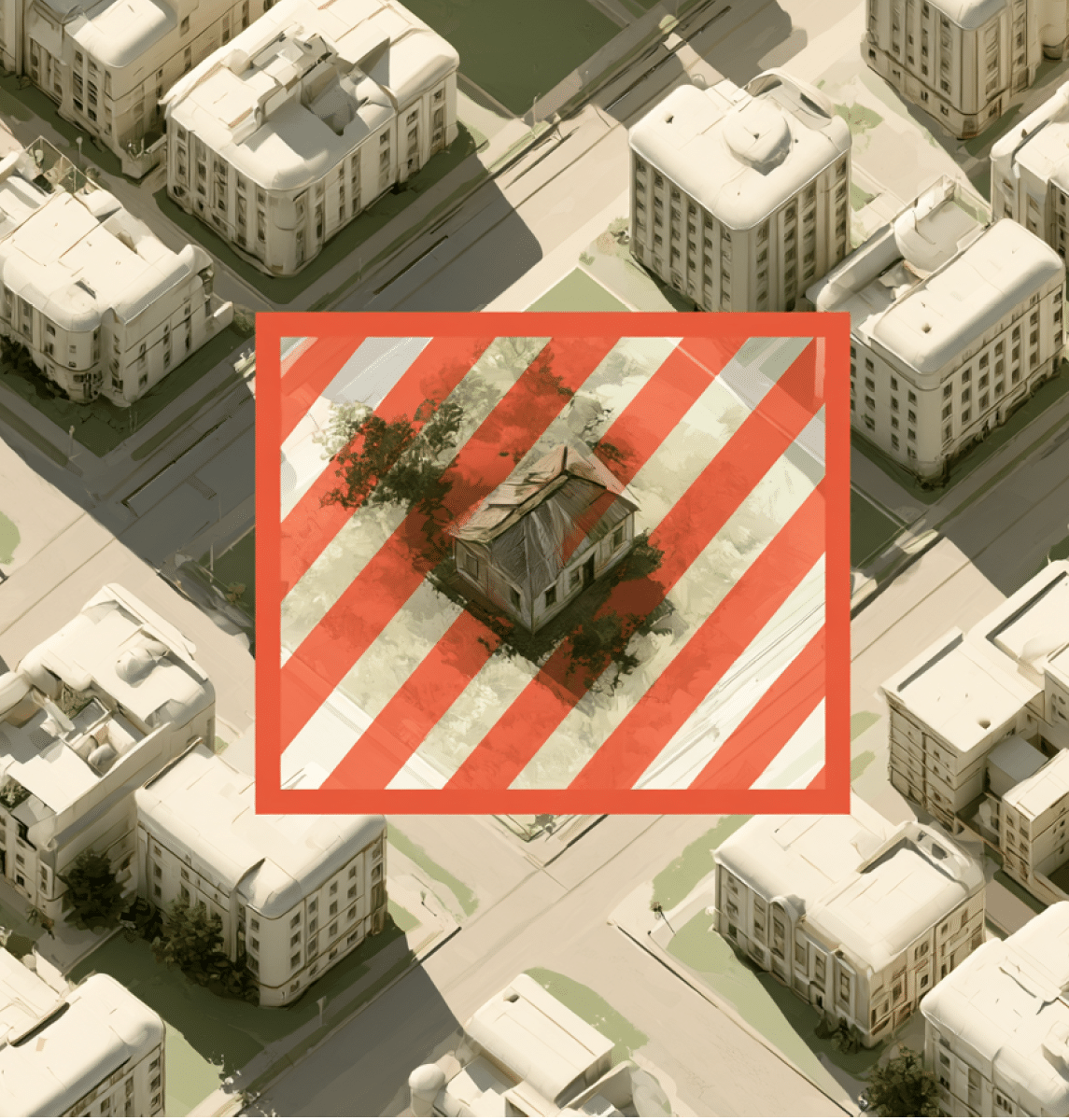 Casa antiga com telhado danificado cercada por vegeta o vista de cima com faixas diagonais vermelhas sobre a imagem.  Yapay zeka taraf ndan olu turulan a  klama