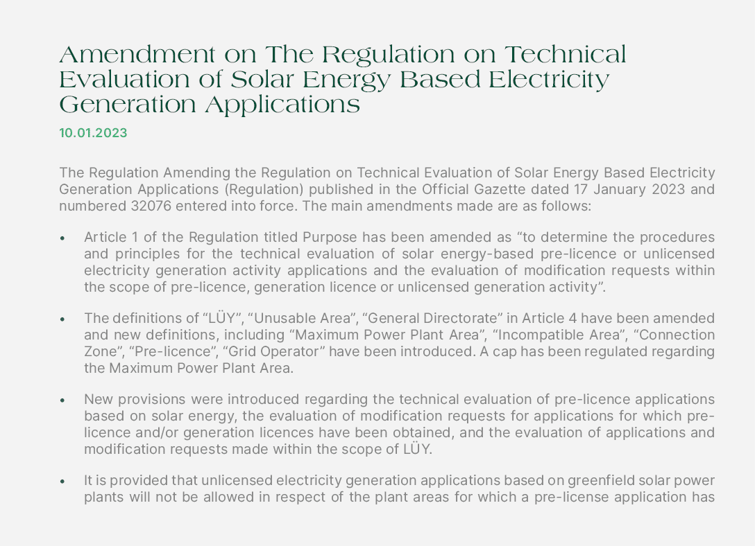 Amendment on The Regulation on Technical Evaluation of Solar Energy Based Electricity Generation Applications 10.01.2...