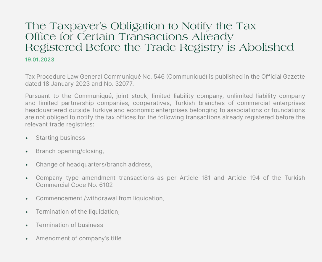 The Taxpayer’s Obligation to Notify the Tax Office for Certain Transactions Already Registered Before the Trade Regis...