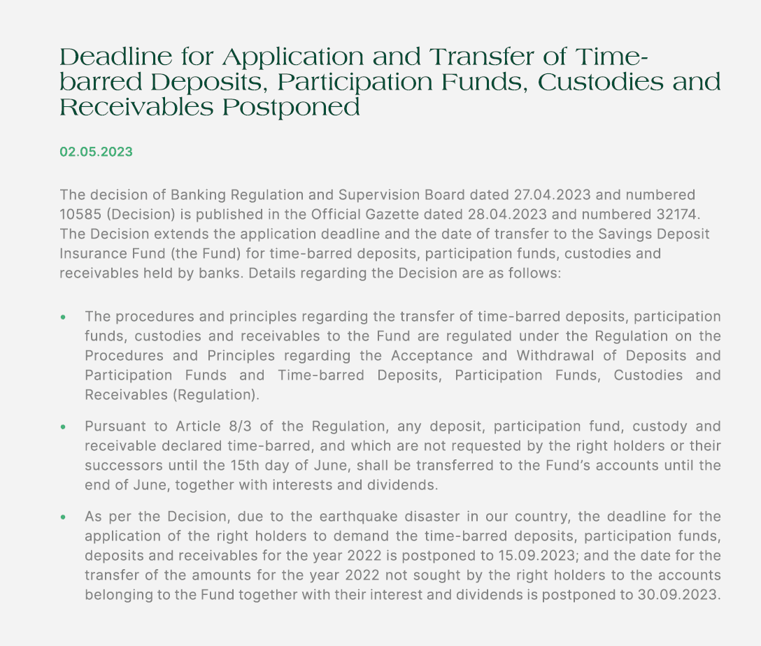 Deadline for Application and Transfer of Time barred Deposits, Participation Funds, Custodies and Receivables Postpon...