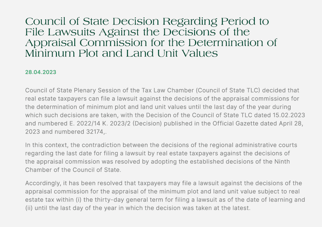 Council of State Decision Regarding Period to File Lawsuits Against the Decisions of the Appraisal Commission for the...