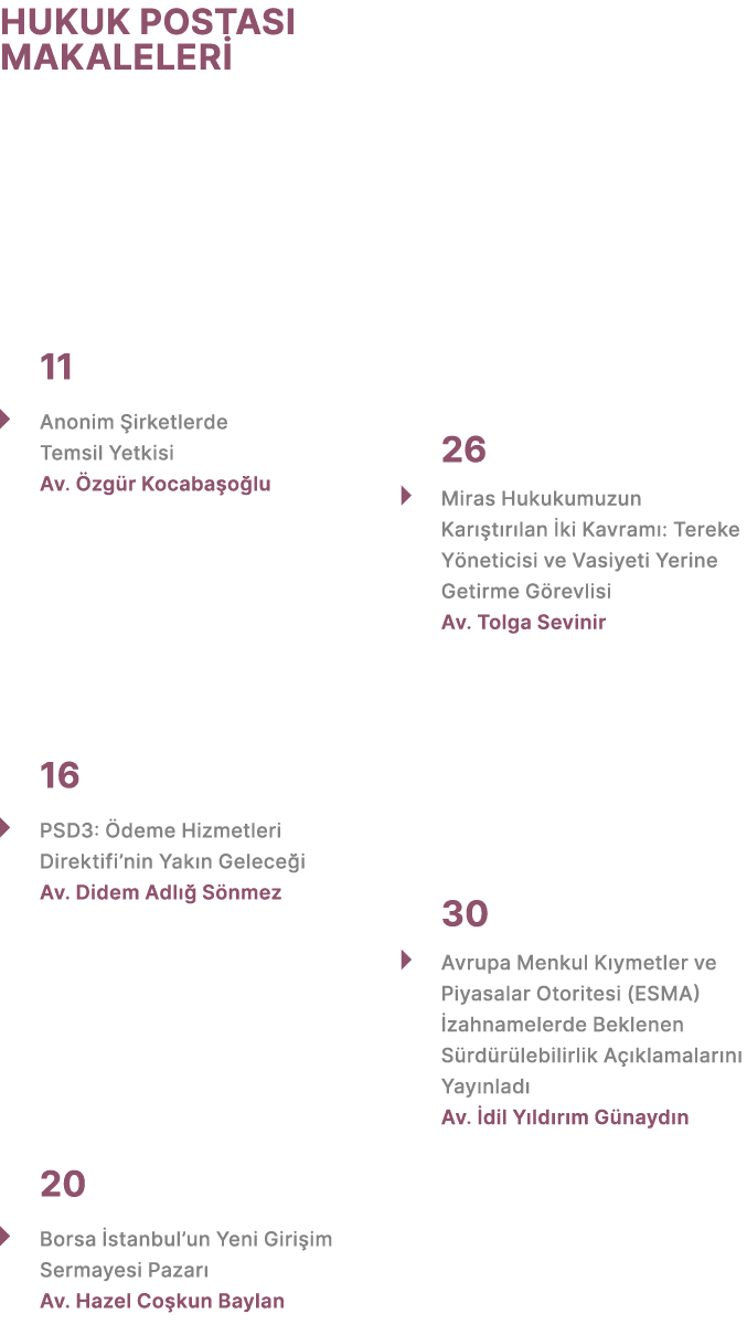 HUKUK POSTASI MAKALELER 11 � Anonim  irketlerde Temsil Yetkisi Av.  zg r Kocaba o lu 16 � PSD3:  deme Hizmetleri Dir...